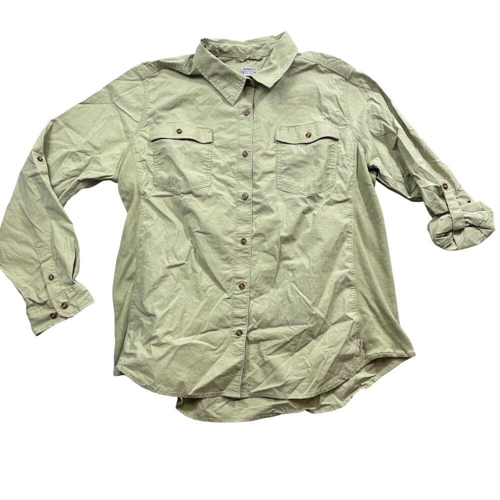 Carhartt XXL (20) Green Button Up Roll Tab Sleeve Cotton Blend Shirt